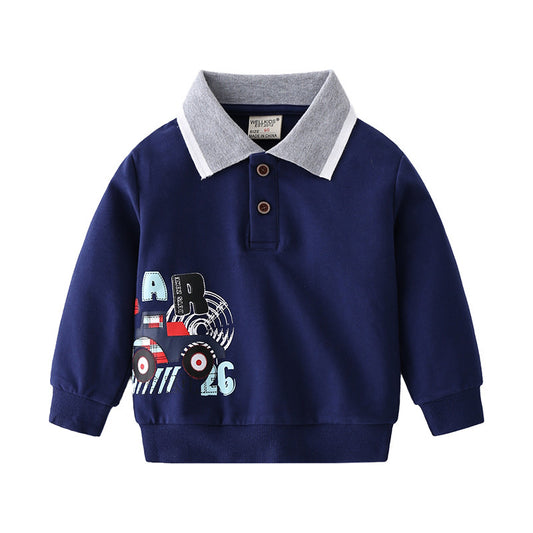 Boys Lapel Sweater - Cute Cartoon Print Pullover