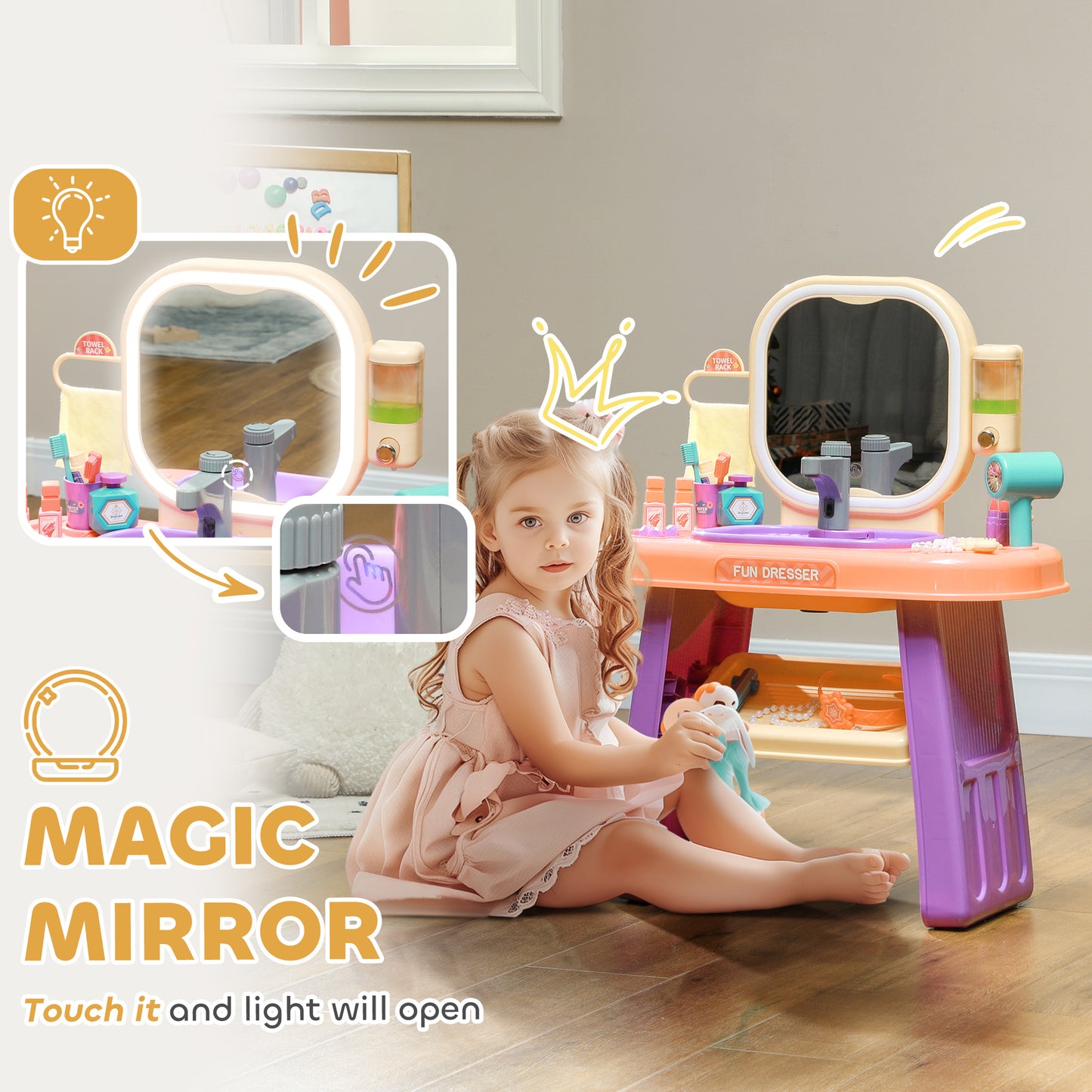 Kids Vanity Set with Mirror - LED Light & Music Pretend Play
