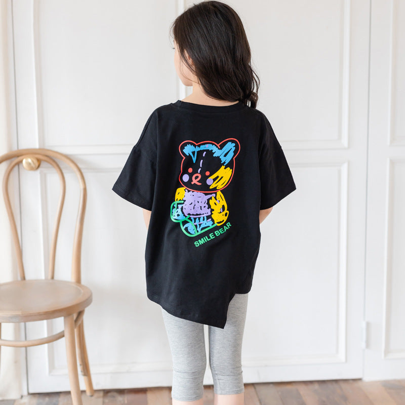 Cartoon Irregular Top - Kids Short Sleeve Trendy Shirt