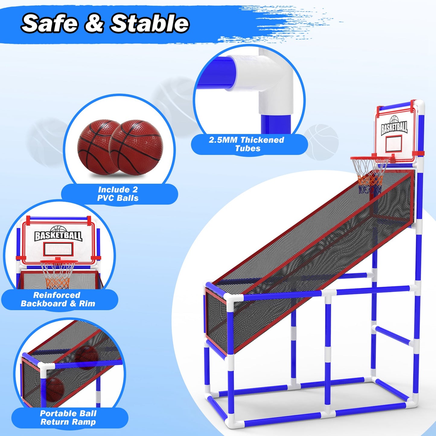 Kids Basketball Game Set - Adjustable Height Hoop with 2 Balls
