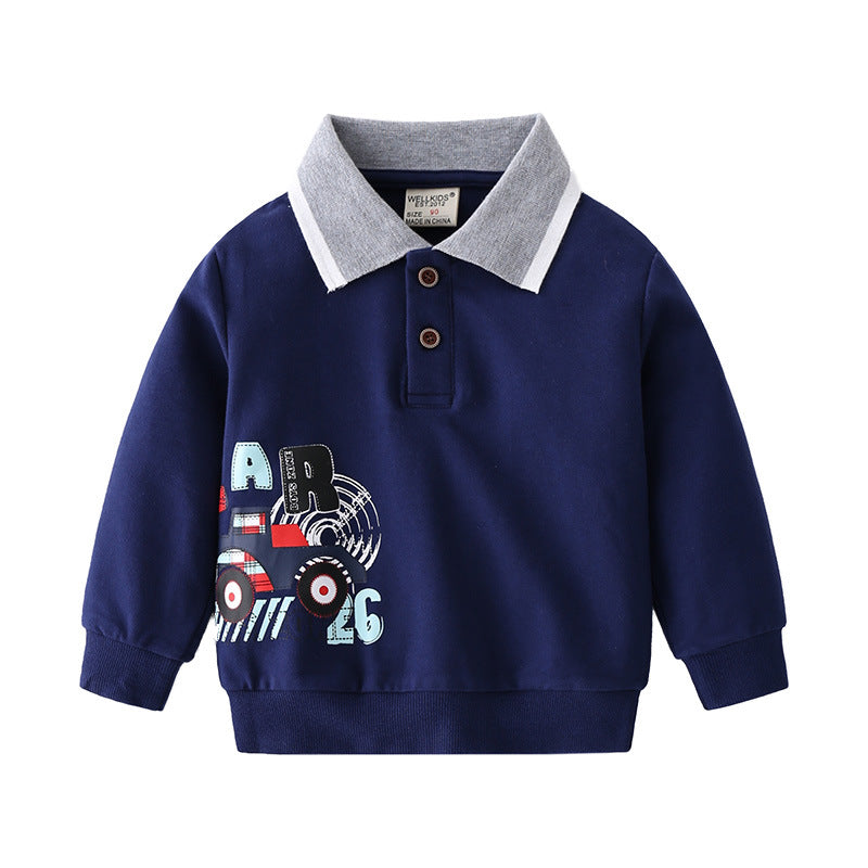 Boys Lapel Sweater - Cute Cartoon Print Pullover