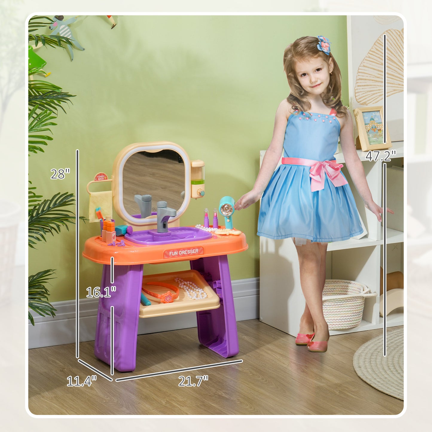 Kids Vanity Set with Mirror - LED Light & Music Pretend Play