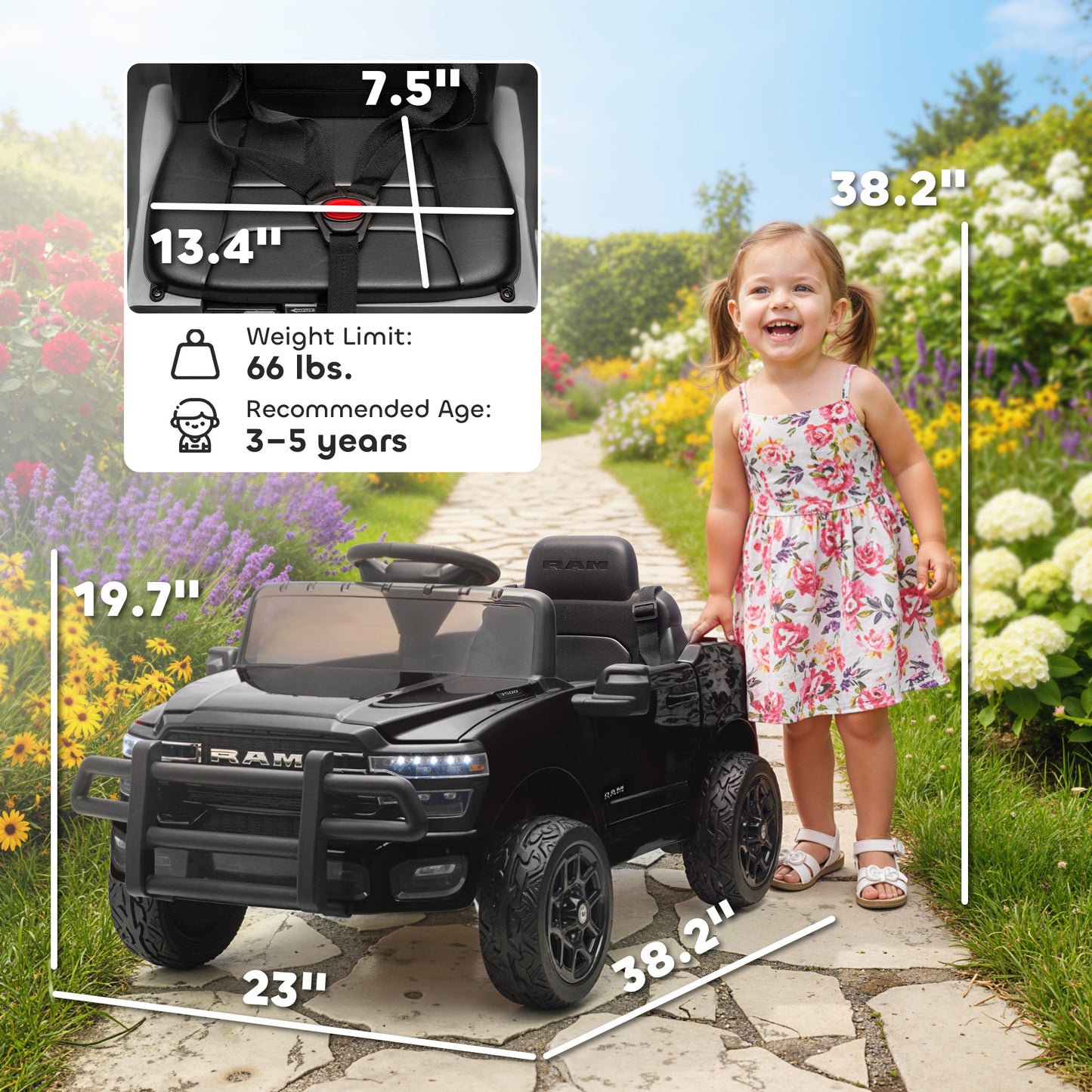 12V Kids Ride on Car, Licensed Dodge RAM 3500 Ride on Toys with Dual Motors, Remote Control for Toddlers, Black