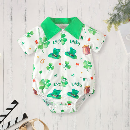 Newborn Baby Boy St. Patrick's Day Clothes Short Sleeve Clover Print Romper & Suspenders Pant 2Pcs Casual Clothes Set