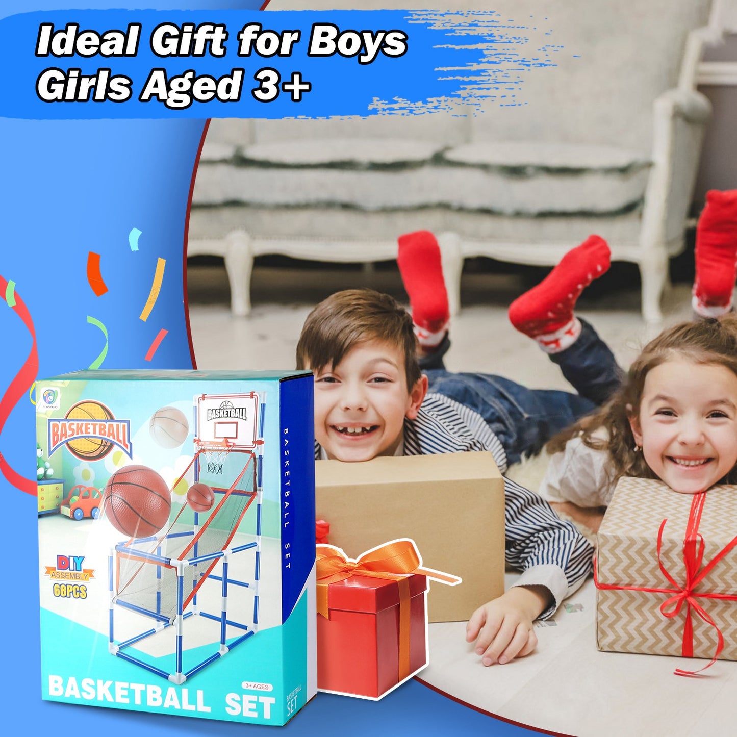 Kids Basketball Game Set - Adjustable Height Hoop with 2 Balls