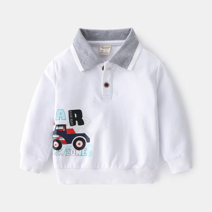 Boys Lapel Sweater - Cute Cartoon Print Pullover