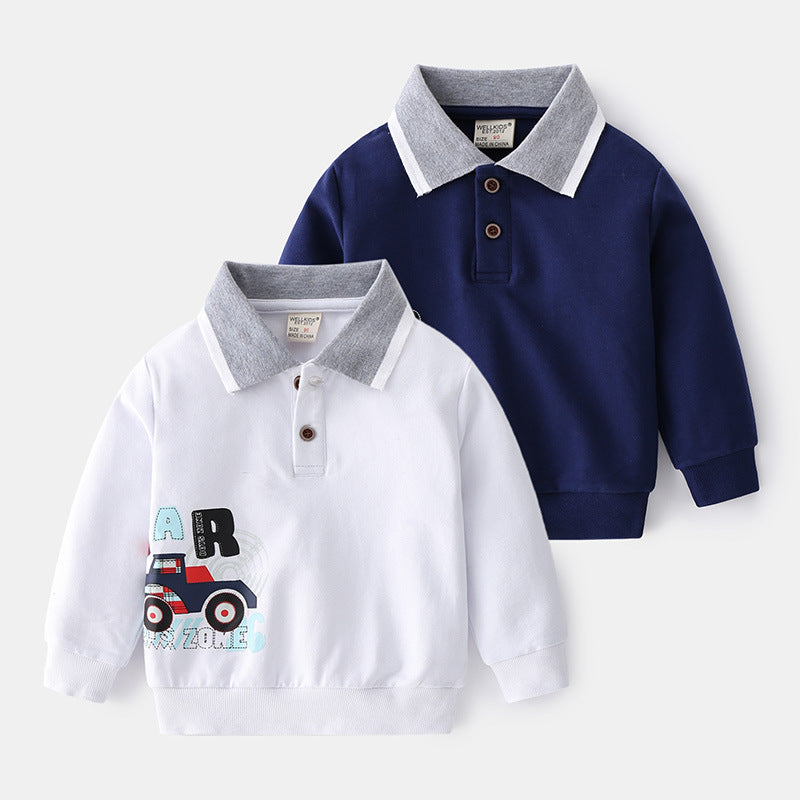 Boys Lapel Sweater - Cute Cartoon Print Pullover