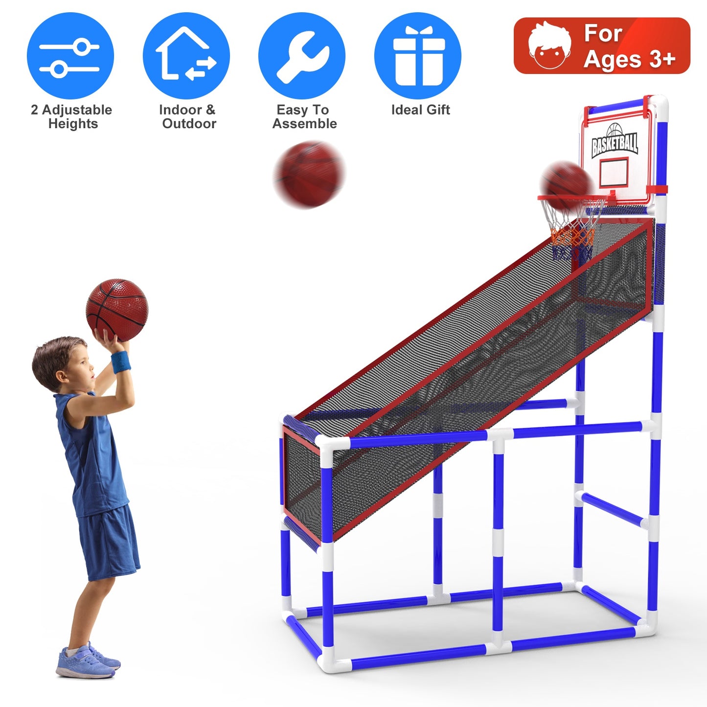 Kids Basketball Game Set - Adjustable Height Hoop with 2 Balls