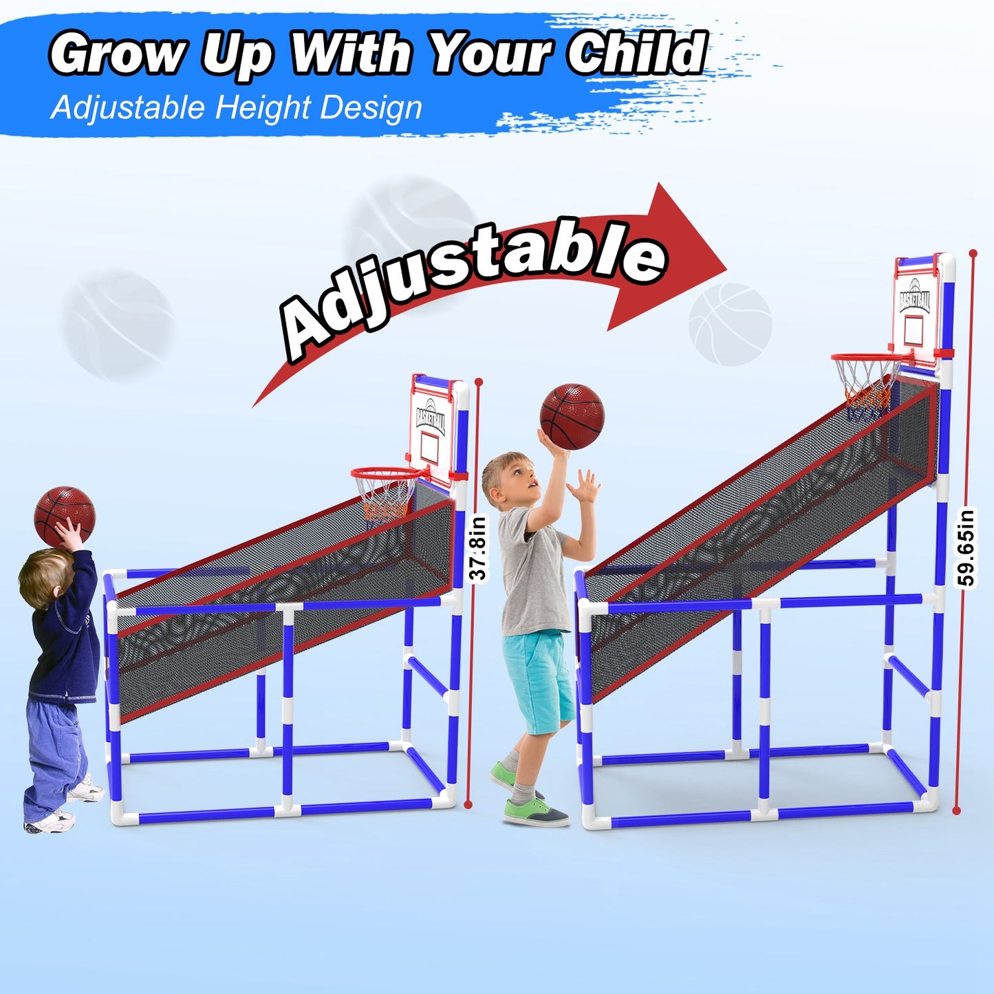 Kids Basketball Game Set - Adjustable Height Hoop with 2 Balls