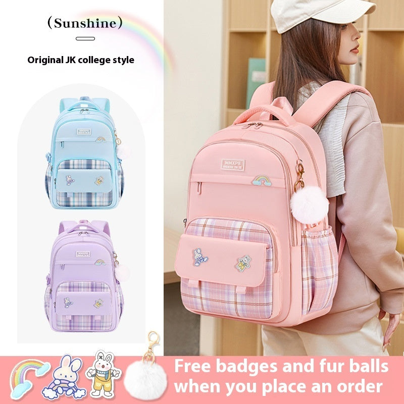 Primary School Girls' Plaid Backpack - Schoolbag