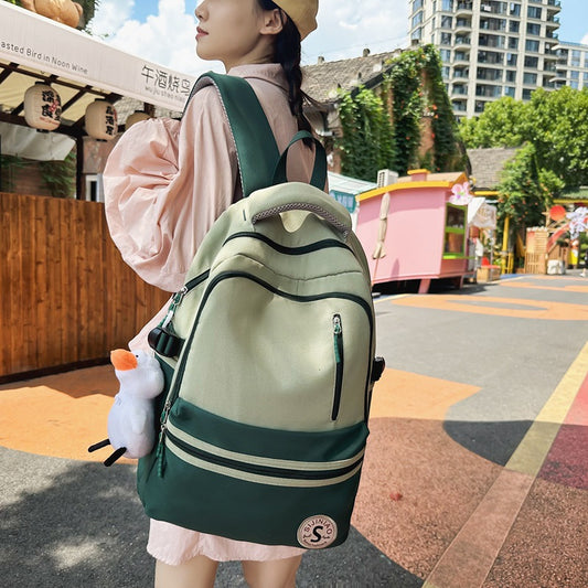 Retro Contrast Color Casual Backpack for Women - Waterproof Nylon